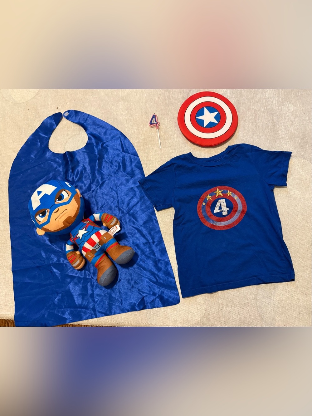 Captain America 4th Birthday Party Bundle - Plush, Shield, Cape, 4T Tee, Candles